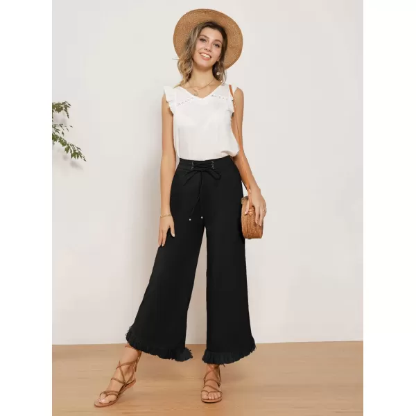 GRACE KARIN Women Wide Leg Linen Palazzo Pants Boho Drawstring Waist Oblique Tassel Hem Beach Trousers with PocketsBlack