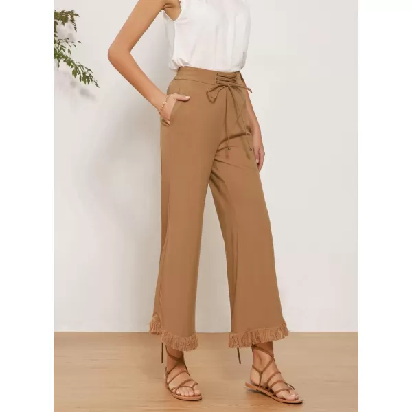 GRACE KARIN Women Wide Leg Linen Palazzo Pants Boho Drawstring Waist Oblique Tassel Hem Beach Trousers with PocketsBrown