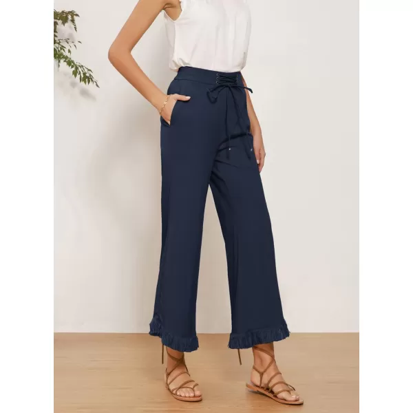 GRACE KARIN Women Wide Leg Linen Palazzo Pants Boho Drawstring Waist Oblique Tassel Hem Beach Trousers with PocketsNavy Blue