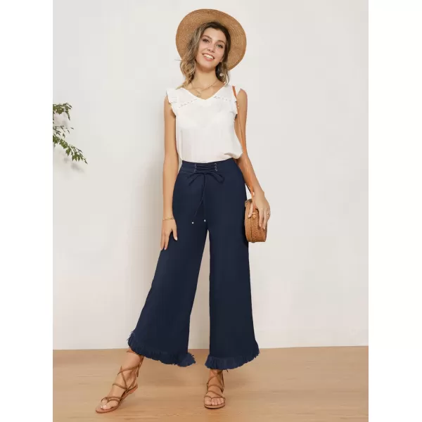 GRACE KARIN Women Wide Leg Linen Palazzo Pants Boho Drawstring Waist Oblique Tassel Hem Beach Trousers with PocketsNavy Blue