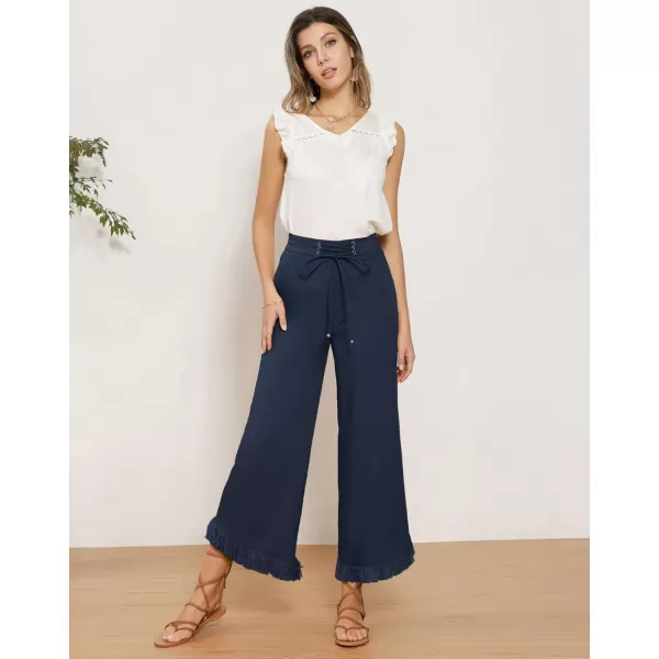 GRACE KARIN Women Wide Leg Linen Palazzo Pants Boho Drawstring Waist Oblique Tassel Hem Beach Trousers with PocketsNavy Blue