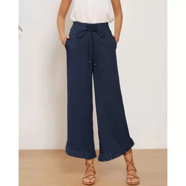 GRACE KARIN Women Wide Leg Linen Palazzo Pants Boho Drawstring Waist Oblique Tassel Hem Beach Trousers with PocketsNavy Blue