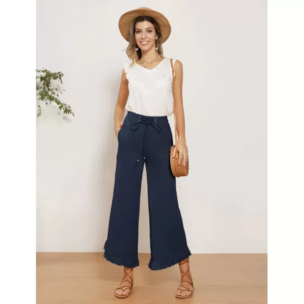 GRACE KARIN Women Wide Leg Linen Palazzo Pants Boho Drawstring Waist Oblique Tassel Hem Beach Trousers with PocketsNavy Blue