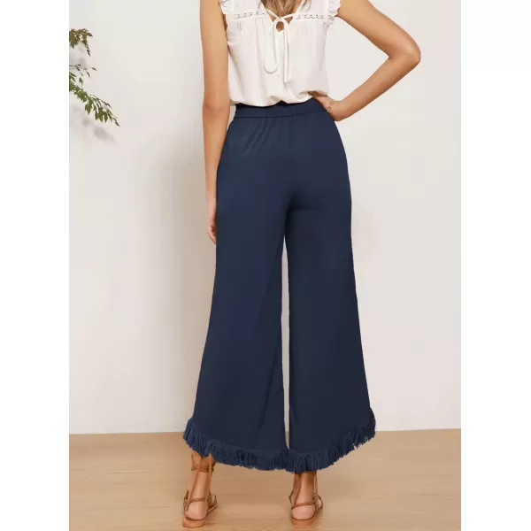 GRACE KARIN Women Wide Leg Linen Palazzo Pants Boho Drawstring Waist Oblique Tassel Hem Beach Trousers with PocketsNavy Blue