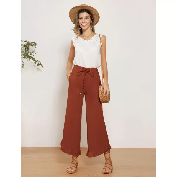 GRACE KARIN Women Wide Leg Linen Palazzo Pants Boho Drawstring Waist Oblique Tassel Hem Beach Trousers with PocketsOrange