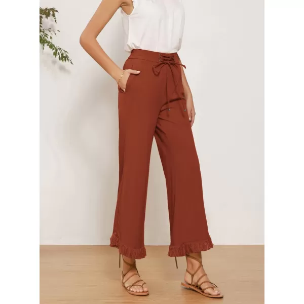 GRACE KARIN Women Wide Leg Linen Palazzo Pants Boho Drawstring Waist Oblique Tassel Hem Beach Trousers with PocketsOrange