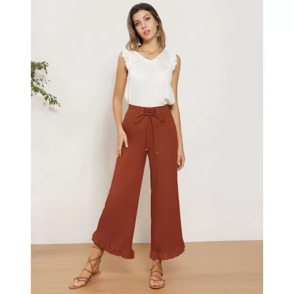 GRACE KARIN Women Wide Leg Linen Palazzo Pants Boho Drawstring Waist Oblique Tassel Hem Beach Trousers with PocketsOrange