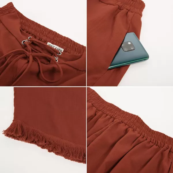 GRACE KARIN Women Wide Leg Linen Palazzo Pants Boho Drawstring Waist Oblique Tassel Hem Beach Trousers with PocketsOrange