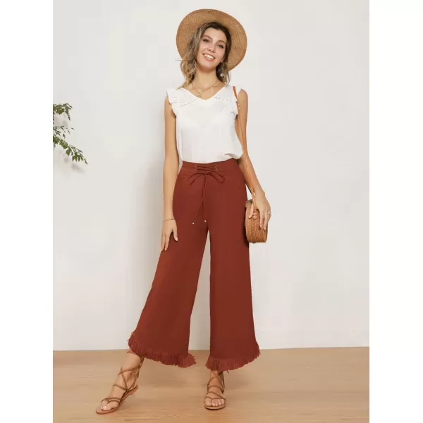 GRACE KARIN Women Wide Leg Linen Palazzo Pants Boho Drawstring Waist Oblique Tassel Hem Beach Trousers with PocketsOrange