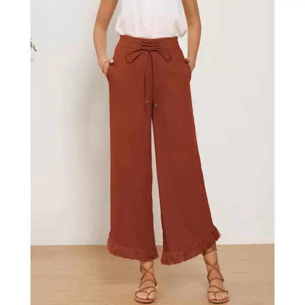 GRACE KARIN Women Wide Leg Linen Palazzo Pants Boho Drawstring Waist Oblique Tassel Hem Beach Trousers with PocketsOrange