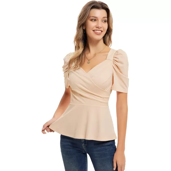 GRACE KARIN Women Wrap Tops Puff Sleeve Peplum Top Elegant V Neck Summer Tops Fitted BlouseBeige