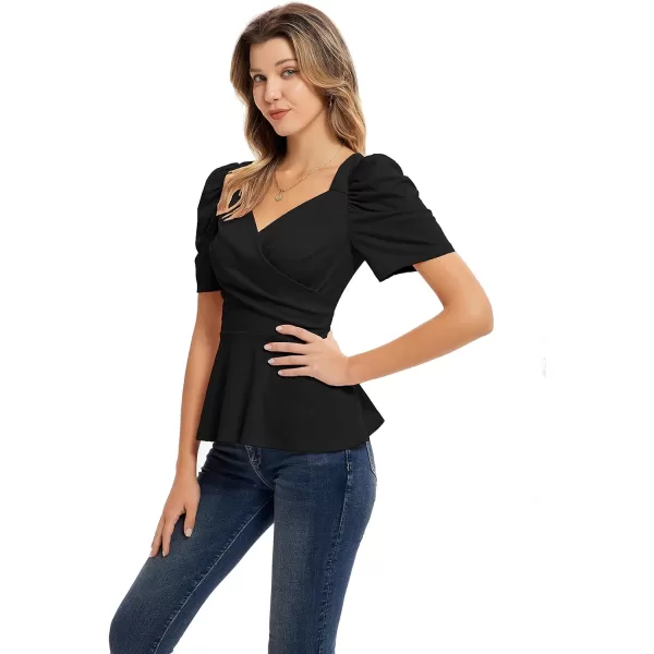 GRACE KARIN Women Wrap Tops Puff Sleeve Peplum Top Elegant V Neck Summer Tops Fitted BlouseBlack