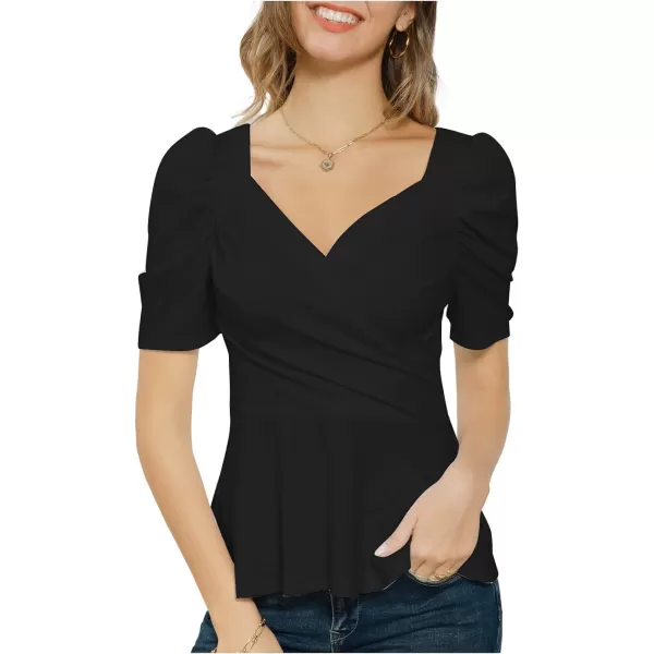 GRACE KARIN Women Wrap Tops Puff Sleeve Peplum Top Elegant V Neck Summer Tops Fitted BlouseBlack