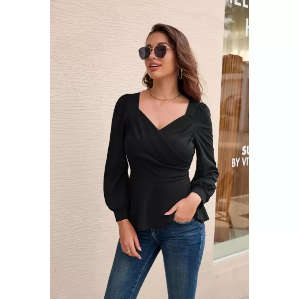 GRACE KARIN Women Wrap Tops Puff Sleeve Peplum Top Elegant V Neck Summer Tops Fitted BlouseBlack044