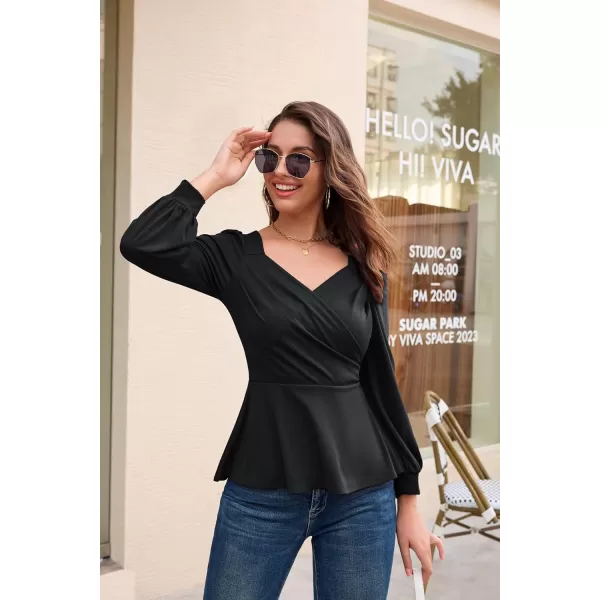 GRACE KARIN Women Wrap Tops Puff Sleeve Peplum Top Elegant V Neck Summer Tops Fitted BlouseBlack044