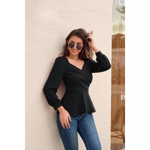 GRACE KARIN Women Wrap Tops Puff Sleeve Peplum Top Elegant V Neck Summer Tops Fitted BlouseBlack044