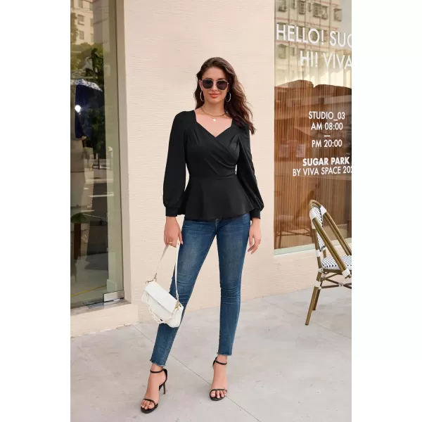 GRACE KARIN Women Wrap Tops Puff Sleeve Peplum Top Elegant V Neck Summer Tops Fitted BlouseBlack044