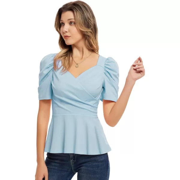 GRACE KARIN Women Wrap Tops Puff Sleeve Peplum Top Elegant V Neck Summer Tops Fitted BlouseBlue