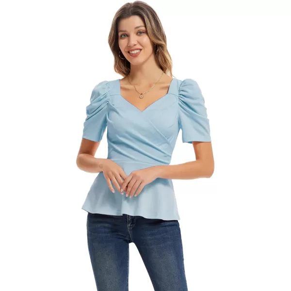 GRACE KARIN Women Wrap Tops Puff Sleeve Peplum Top Elegant V Neck Summer Tops Fitted BlouseBlue