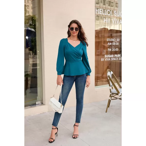 GRACE KARIN Women Wrap Tops Puff Sleeve Peplum Top Elegant V Neck Summer Tops Fitted BlouseBlue Green044