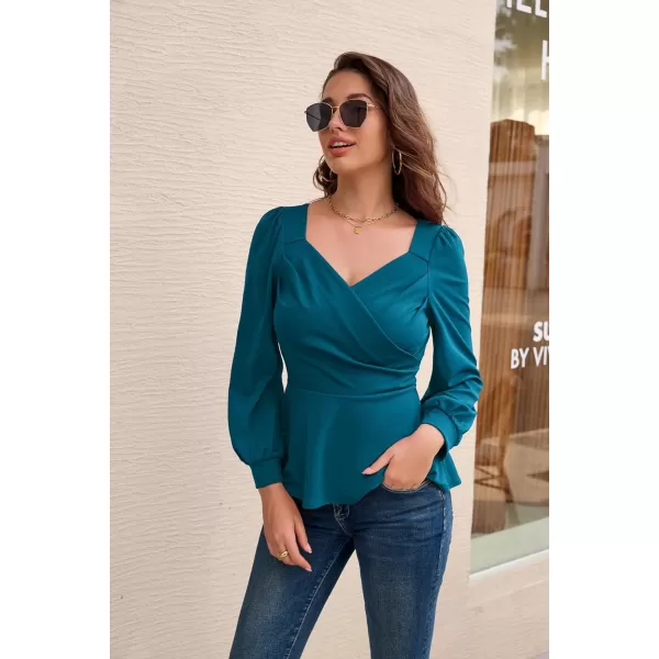 GRACE KARIN Women Wrap Tops Puff Sleeve Peplum Top Elegant V Neck Summer Tops Fitted BlouseBlue Green044