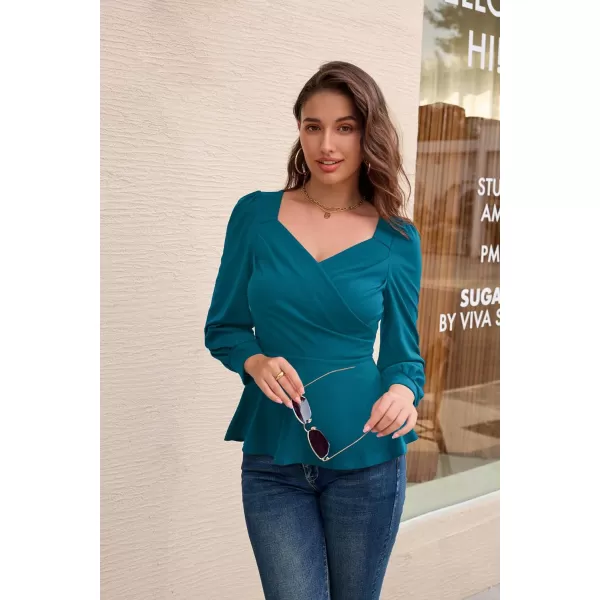 GRACE KARIN Women Wrap Tops Puff Sleeve Peplum Top Elegant V Neck Summer Tops Fitted BlouseBlue Green044