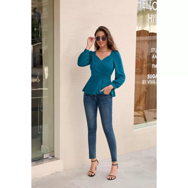 GRACE KARIN Women Wrap Tops Puff Sleeve Peplum Top Elegant V Neck Summer Tops Fitted BlouseBlue Green044