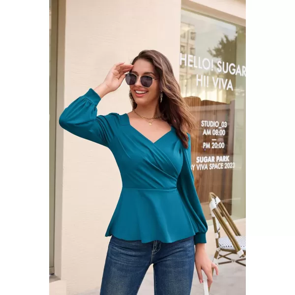 GRACE KARIN Women Wrap Tops Puff Sleeve Peplum Top Elegant V Neck Summer Tops Fitted BlouseBlue Green044