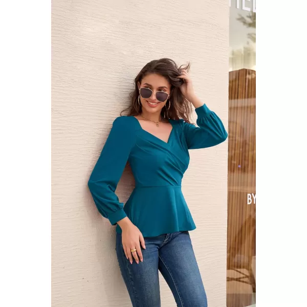 GRACE KARIN Women Wrap Tops Puff Sleeve Peplum Top Elegant V Neck Summer Tops Fitted BlouseBlue Green044