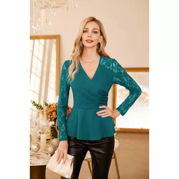 GRACE KARIN Women Wrap Tops Puff Sleeve Peplum Top Elegant V Neck Summer Tops Fitted BlouseBluegreen2467