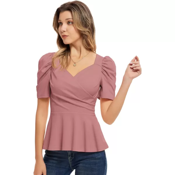 GRACE KARIN Women Wrap Tops Puff Sleeve Peplum Top Elegant V Neck Summer Tops Fitted BlouseDusty Rose