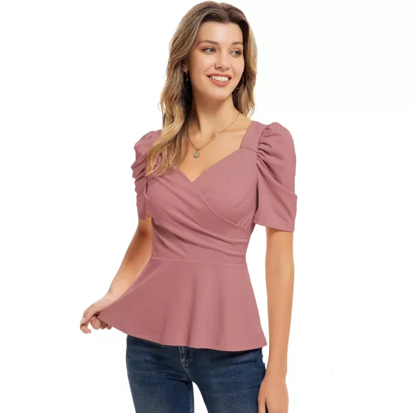 GRACE KARIN Women Wrap Tops Puff Sleeve Peplum Top Elegant V Neck Summer Tops Fitted BlouseDusty Rose