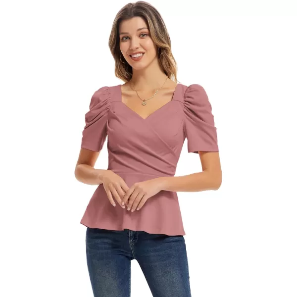 GRACE KARIN Women Wrap Tops Puff Sleeve Peplum Top Elegant V Neck Summer Tops Fitted BlouseDusty Rose