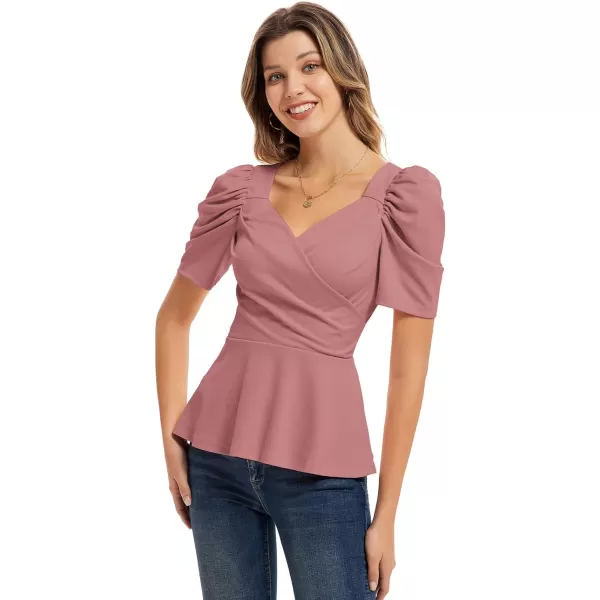 GRACE KARIN Women Wrap Tops Puff Sleeve Peplum Top Elegant V Neck Summer Tops Fitted BlouseDusty Rose