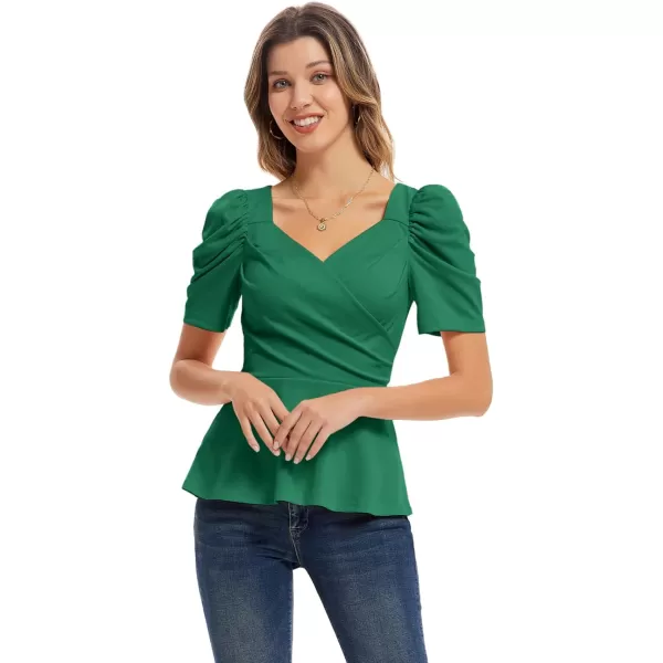 GRACE KARIN Women Wrap Tops Puff Sleeve Peplum Top Elegant V Neck Summer Tops Fitted BlouseGreen