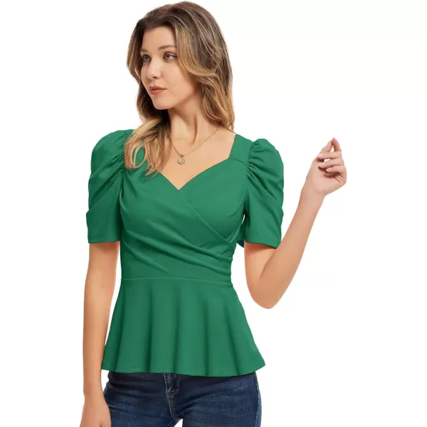 GRACE KARIN Women Wrap Tops Puff Sleeve Peplum Top Elegant V Neck Summer Tops Fitted BlouseGreen