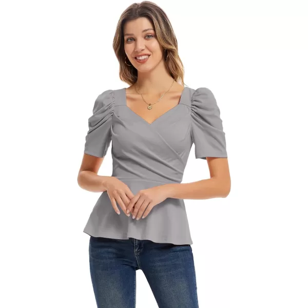 GRACE KARIN Women Wrap Tops Puff Sleeve Peplum Top Elegant V Neck Summer Tops Fitted BlouseLight Grey