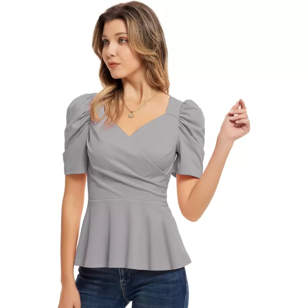 GRACE KARIN Women Wrap Tops Puff Sleeve Peplum Top Elegant V Neck Summer Tops Fitted BlouseLight Grey