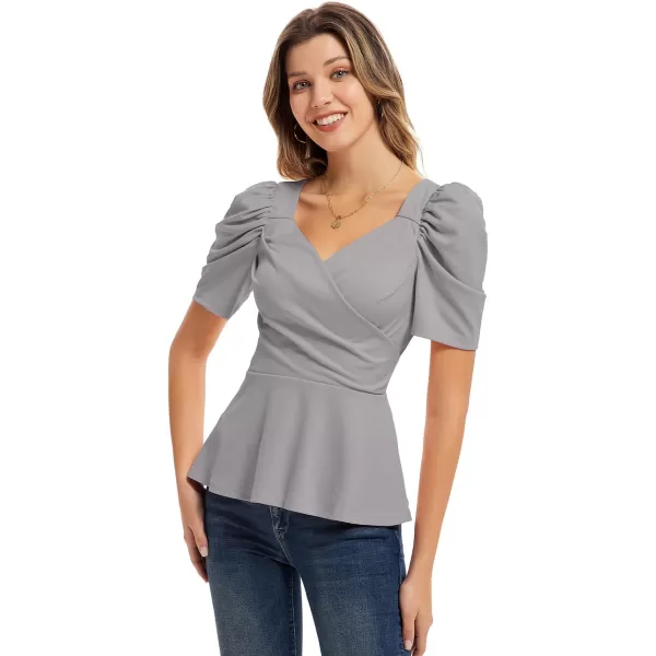 GRACE KARIN Women Wrap Tops Puff Sleeve Peplum Top Elegant V Neck Summer Tops Fitted BlouseLight Grey