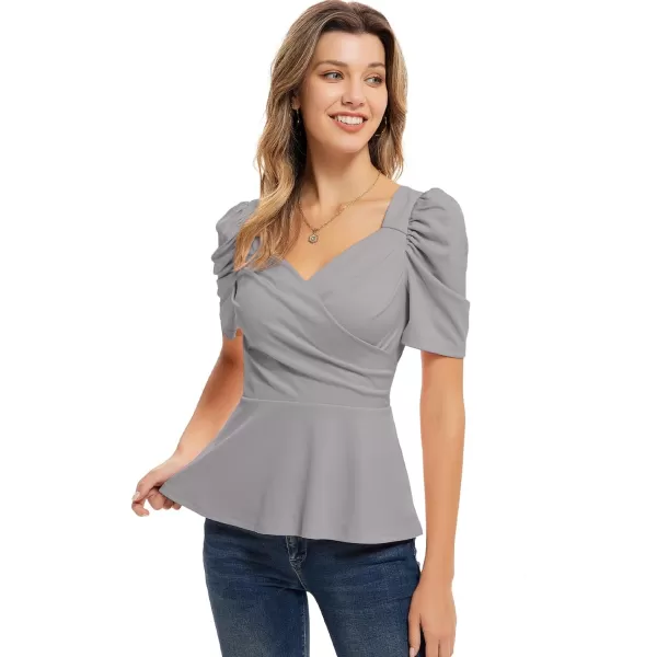 GRACE KARIN Women Wrap Tops Puff Sleeve Peplum Top Elegant V Neck Summer Tops Fitted BlouseLight Grey