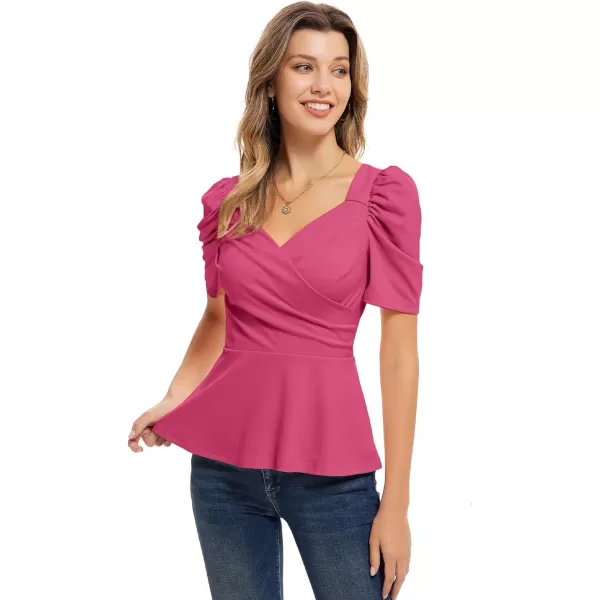 GRACE KARIN Women Wrap Tops Puff Sleeve Peplum Top Elegant V Neck Summer Tops Fitted BlouseMagenta