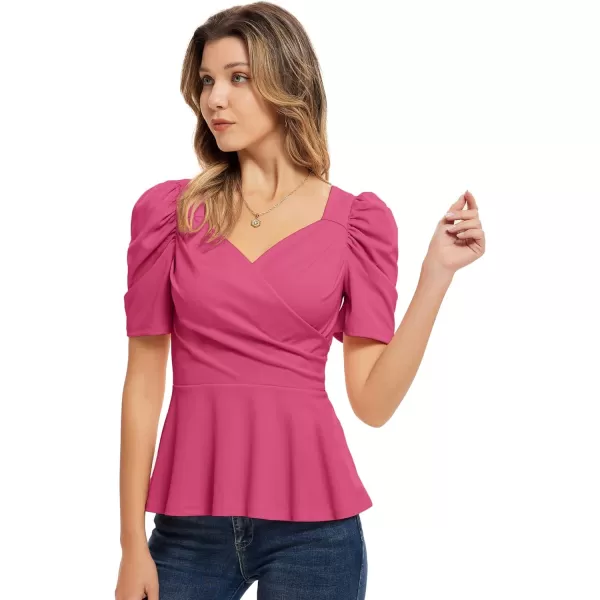 GRACE KARIN Women Wrap Tops Puff Sleeve Peplum Top Elegant V Neck Summer Tops Fitted BlouseMagenta