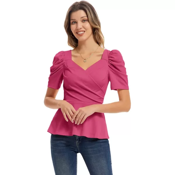 GRACE KARIN Women Wrap Tops Puff Sleeve Peplum Top Elegant V Neck Summer Tops Fitted BlouseMagenta