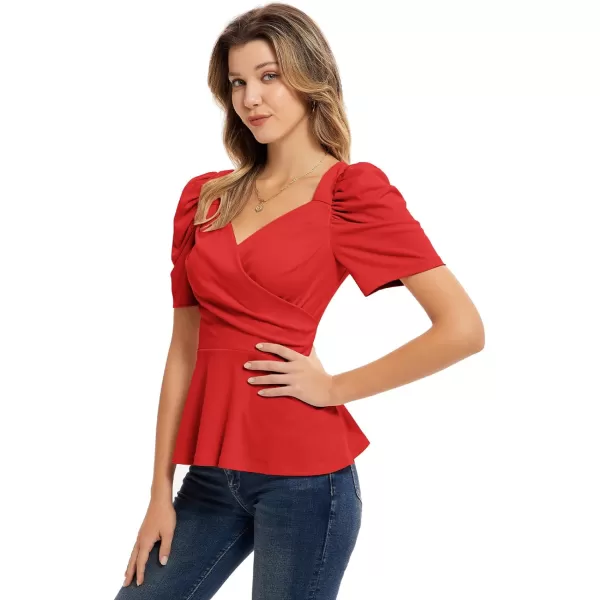 GRACE KARIN Women Wrap Tops Puff Sleeve Peplum Top Elegant V Neck Summer Tops Fitted BlouseRed