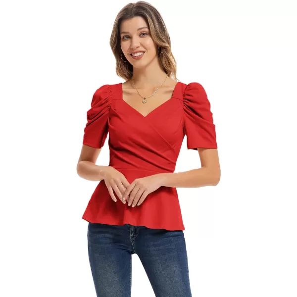 GRACE KARIN Women Wrap Tops Puff Sleeve Peplum Top Elegant V Neck Summer Tops Fitted BlouseRed