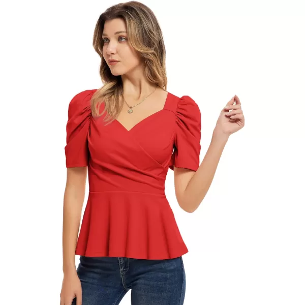 GRACE KARIN Women Wrap Tops Puff Sleeve Peplum Top Elegant V Neck Summer Tops Fitted BlouseRed