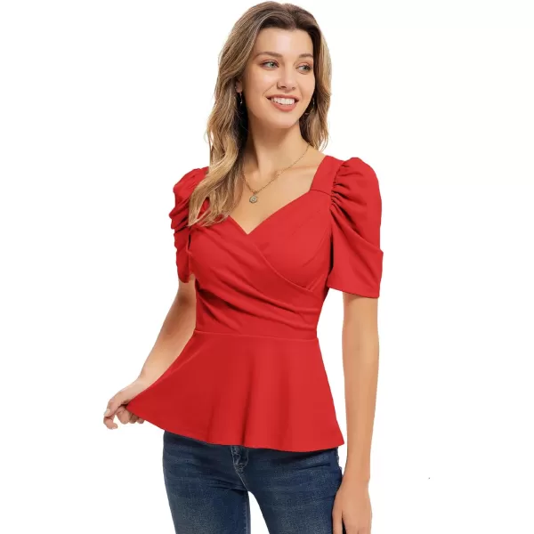 GRACE KARIN Women Wrap Tops Puff Sleeve Peplum Top Elegant V Neck Summer Tops Fitted BlouseRed