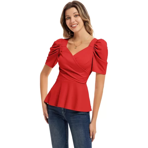 GRACE KARIN Women Wrap Tops Puff Sleeve Peplum Top Elegant V Neck Summer Tops Fitted BlouseRed