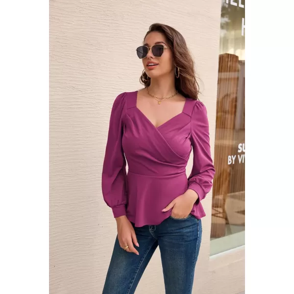 GRACE KARIN Women Wrap Tops Puff Sleeve Peplum Top Elegant V Neck Summer Tops Fitted BlouseRose Red044