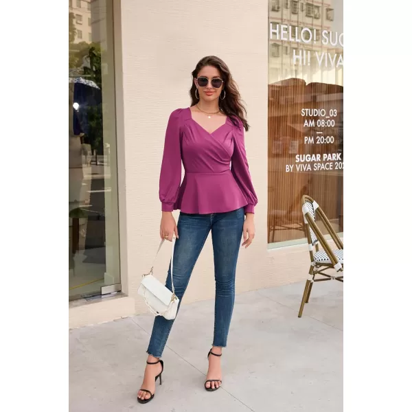 GRACE KARIN Women Wrap Tops Puff Sleeve Peplum Top Elegant V Neck Summer Tops Fitted BlouseRose Red044